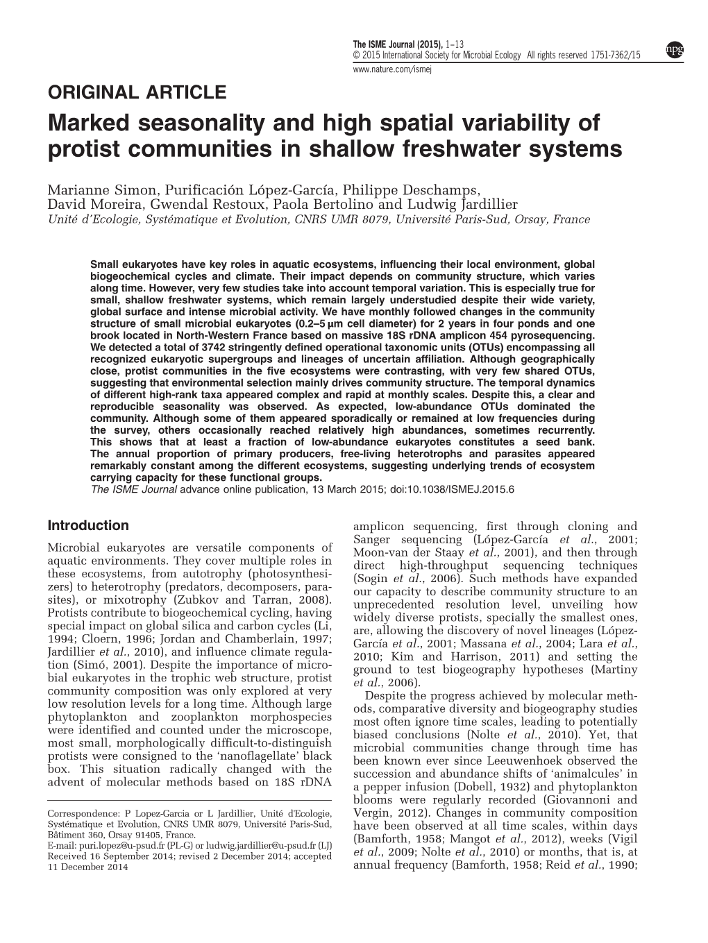 Marked Seasonality and High Spatial Variability of Protist Communities in Shallow Freshwater Systems