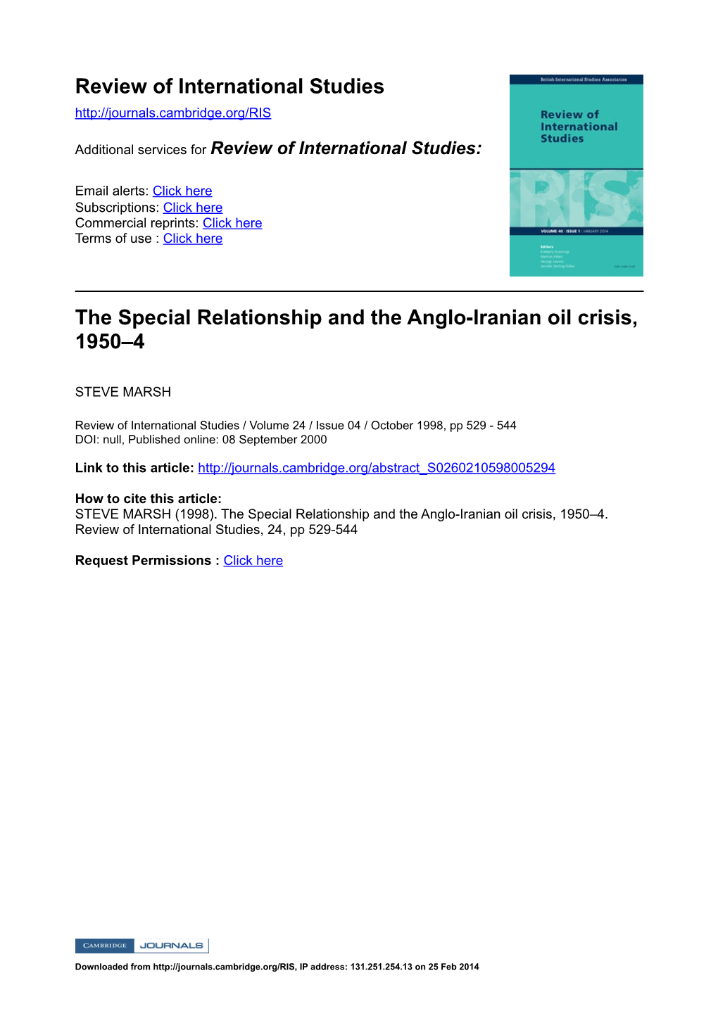 Review of International Studies the Special Relationship and the Anglo