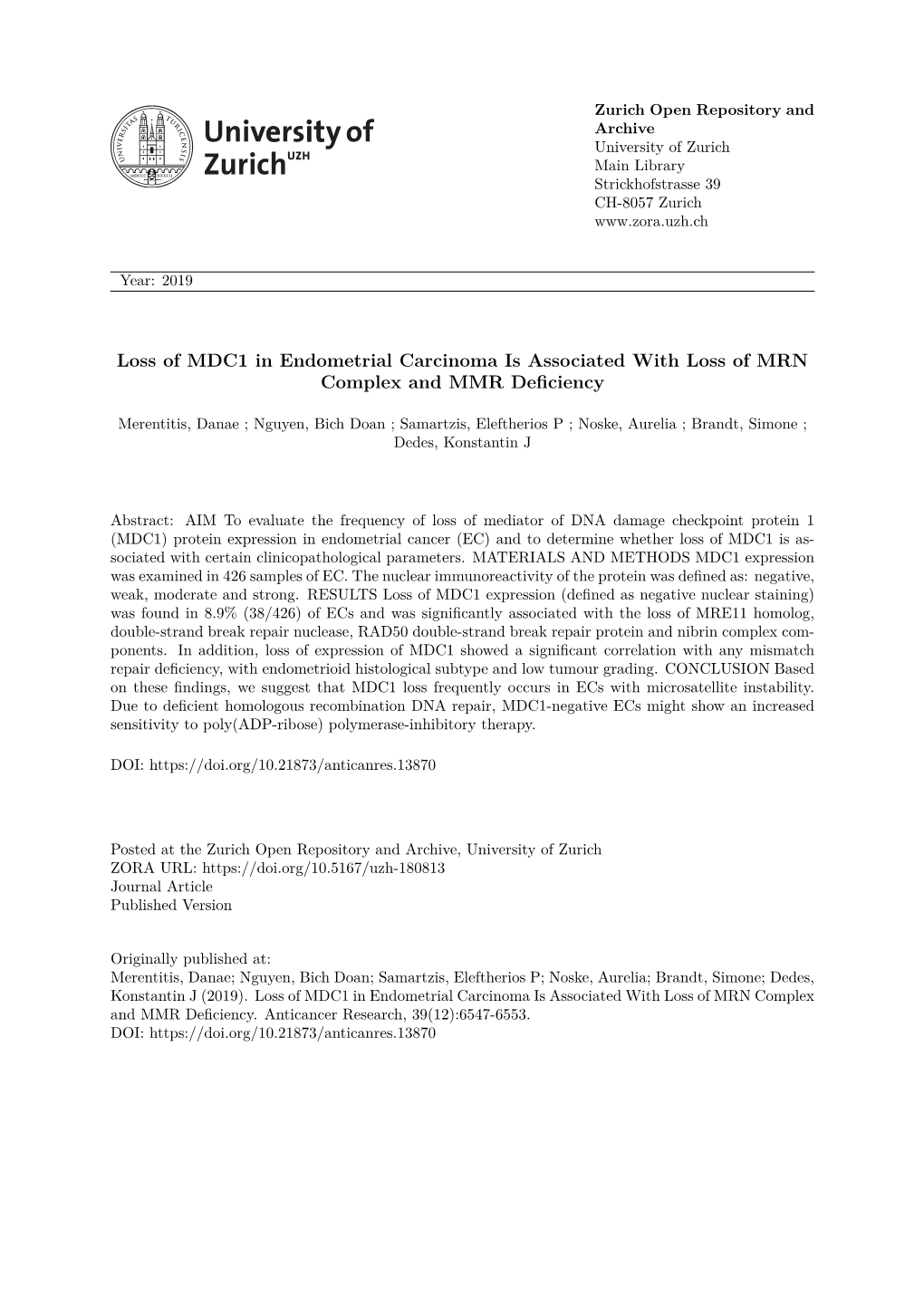 Loss of MDC1 in Endometrial Carcinoma Is Associated with Loss of MRN Complex and MMR Deficiency