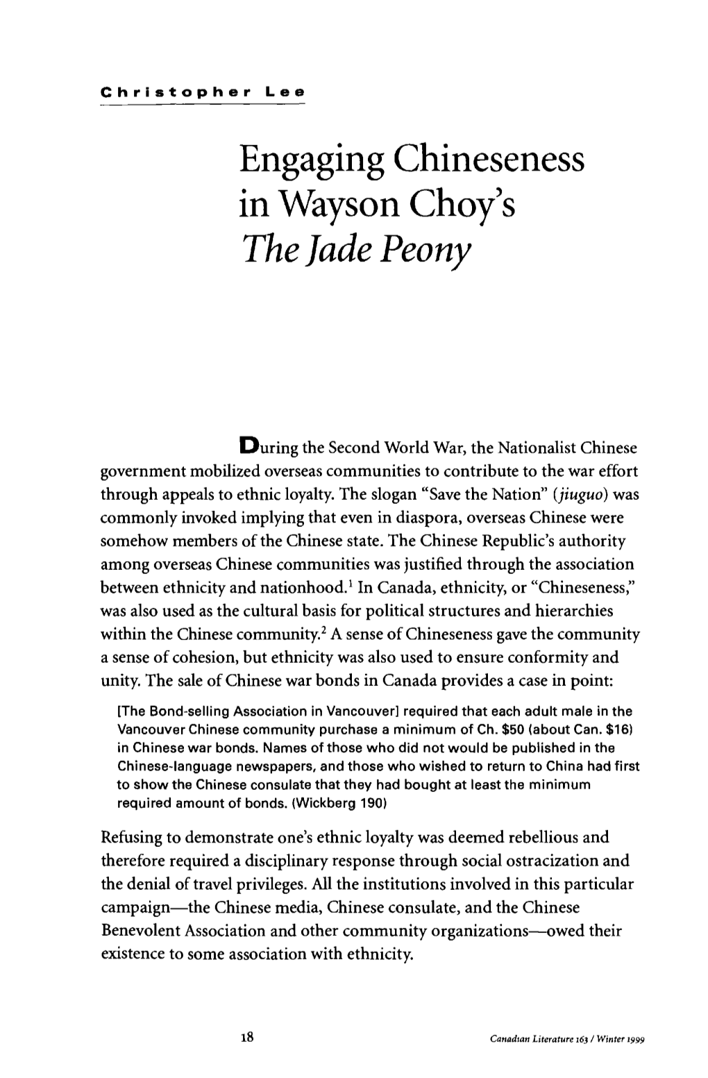 Engaging Chineseness in Wayson Choy's the Jade Peony