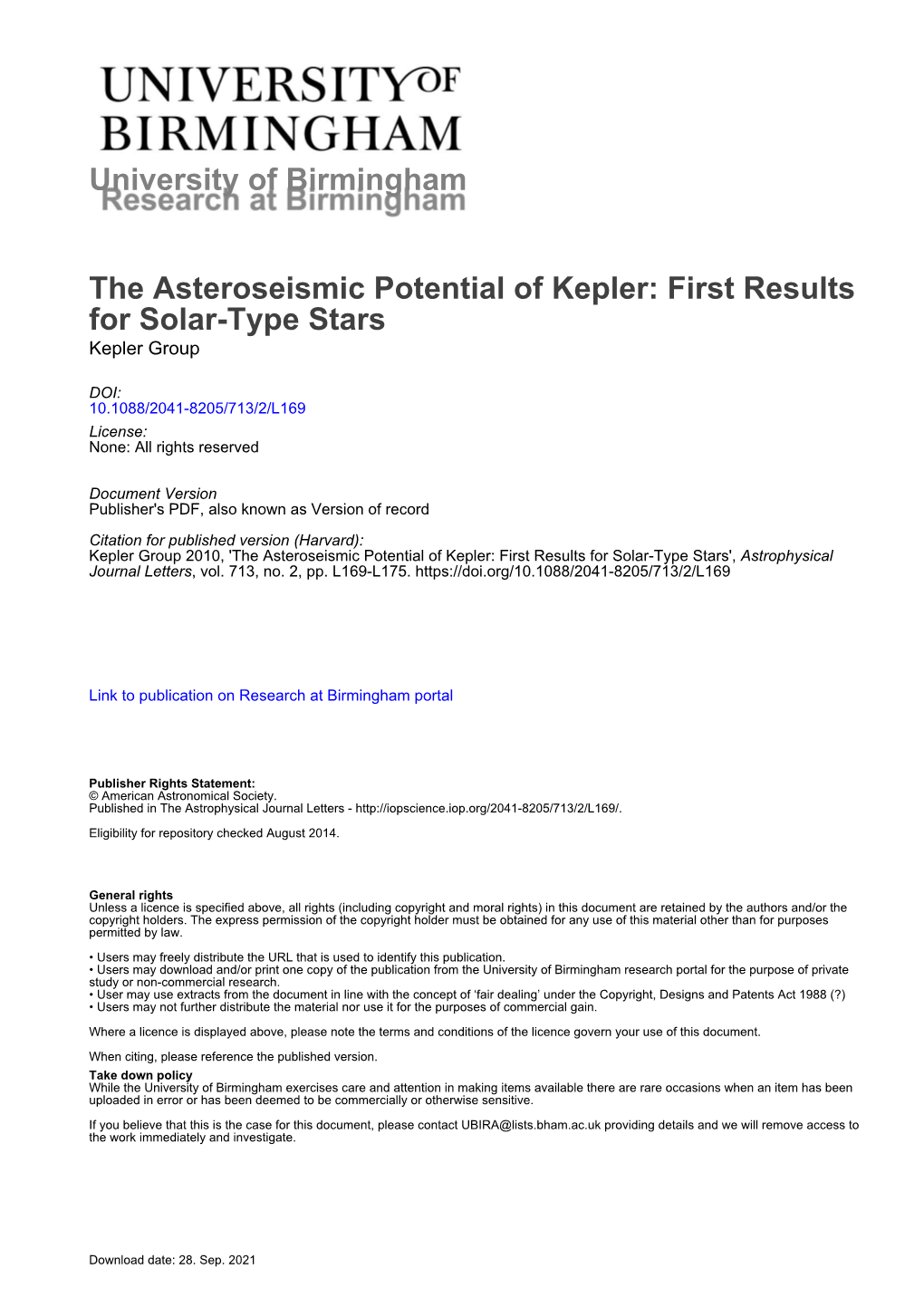 University of Birmingham the Asteroseismic Potential of Kepler