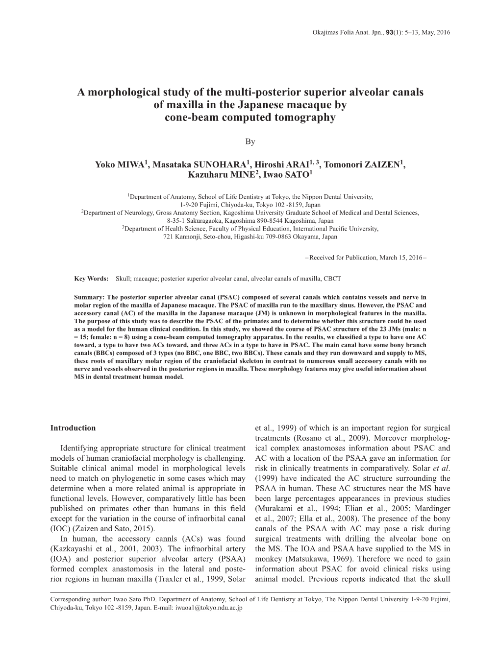 A Morphological Study of the Multi-Posterior Superior Alveolar Canals of Maxilla in the Japanese Macaque by Cone-Beam Computed Tomography