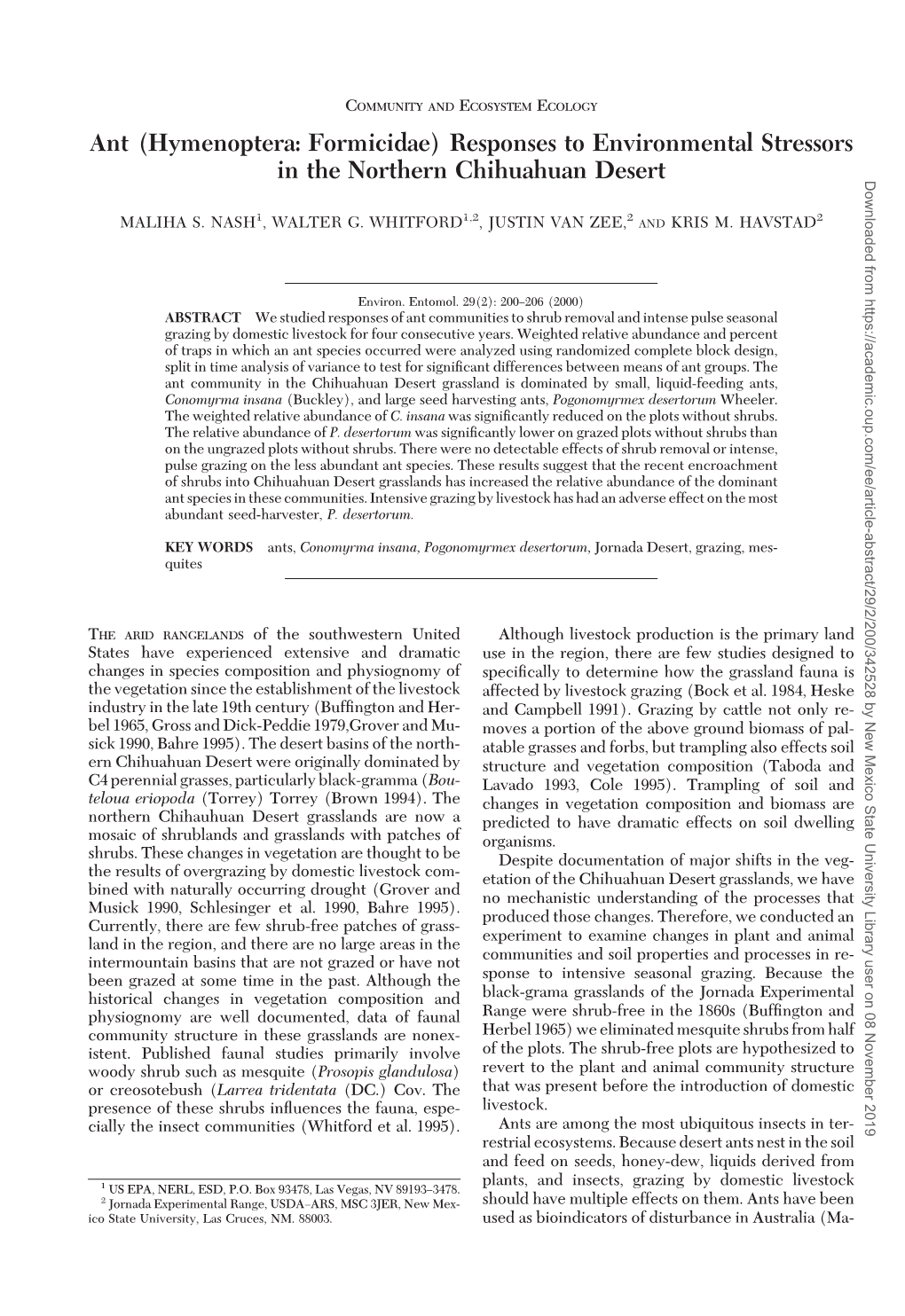 Ant (Hymenoptera: Formicidae) Responses to Environmental Stressors