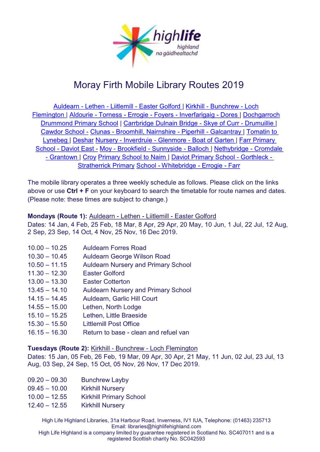 Moray Firth Mobile Library Routes 2019