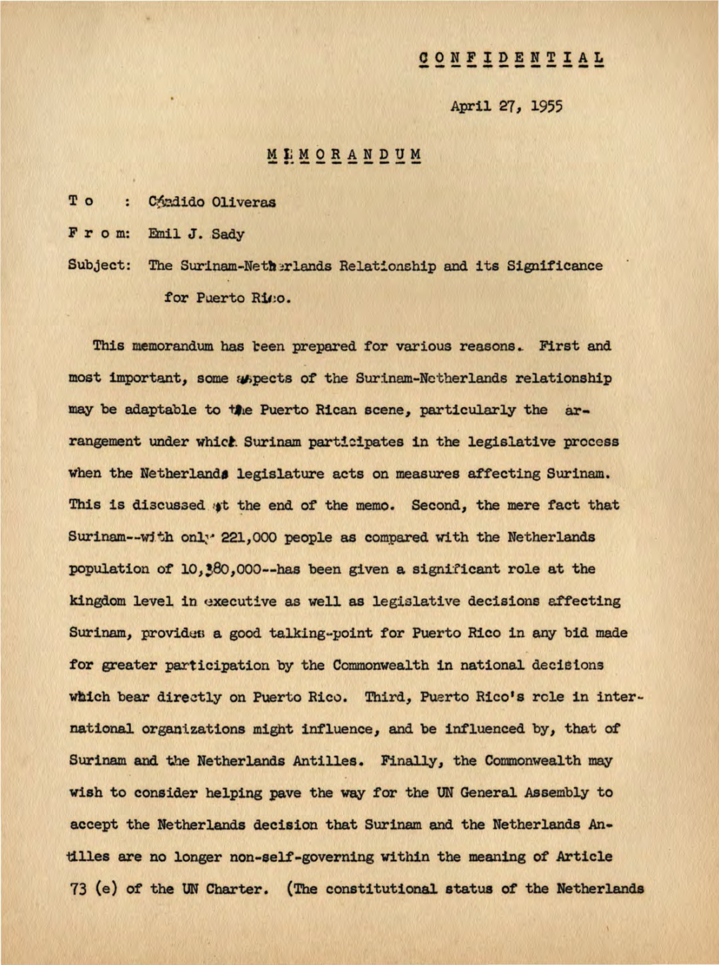 Memorandum To: Cándido Oliveras from Emil J. Sady, April 27, 1955