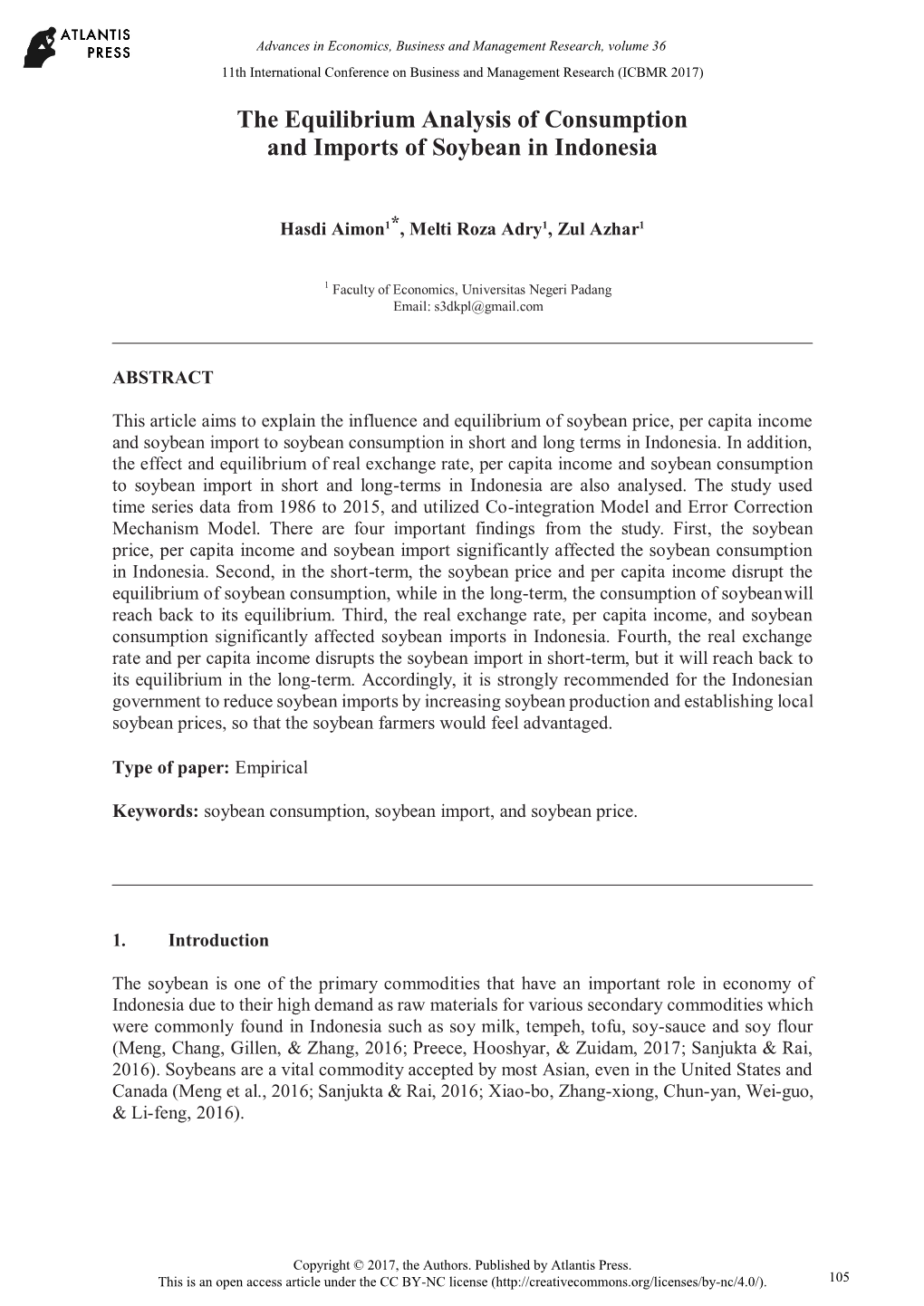 The Equilibrium Analysis of Consumption and Imports of Soybean in Indonesia