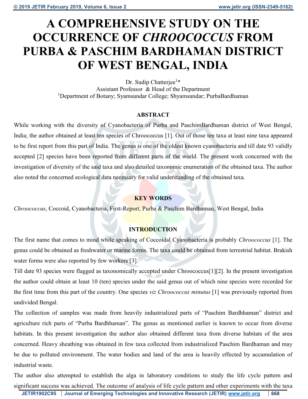 A Comprehensive Study on the Occurrence of Chroococcus from Purba & Paschim Bardhaman District of West Bengal, India