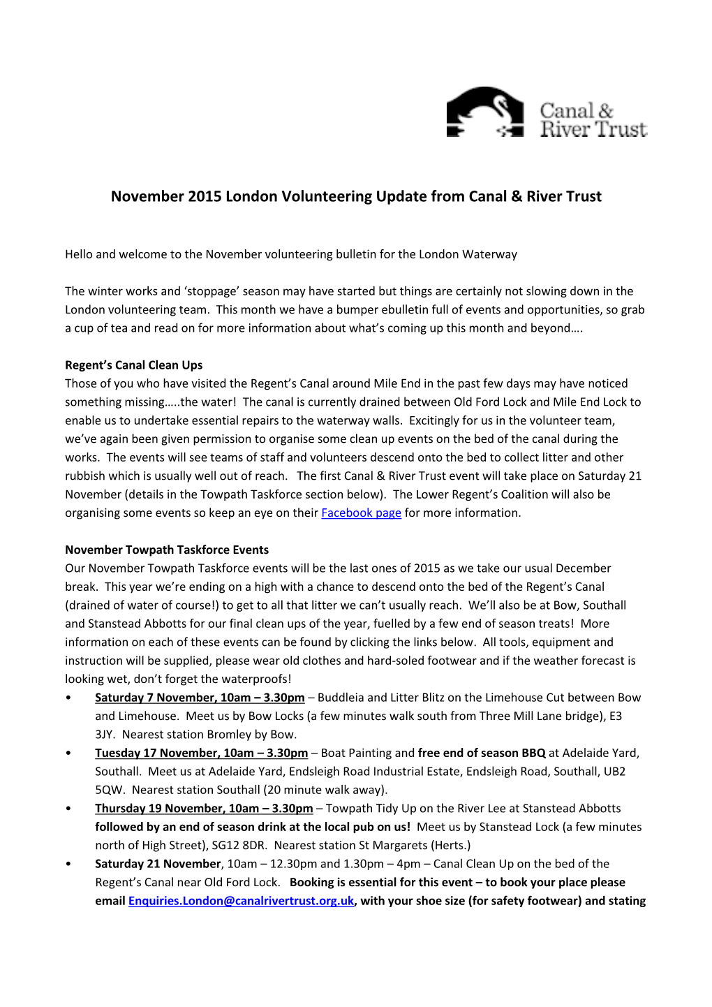November 2015 London Volunteering Update from Canal & River Trust