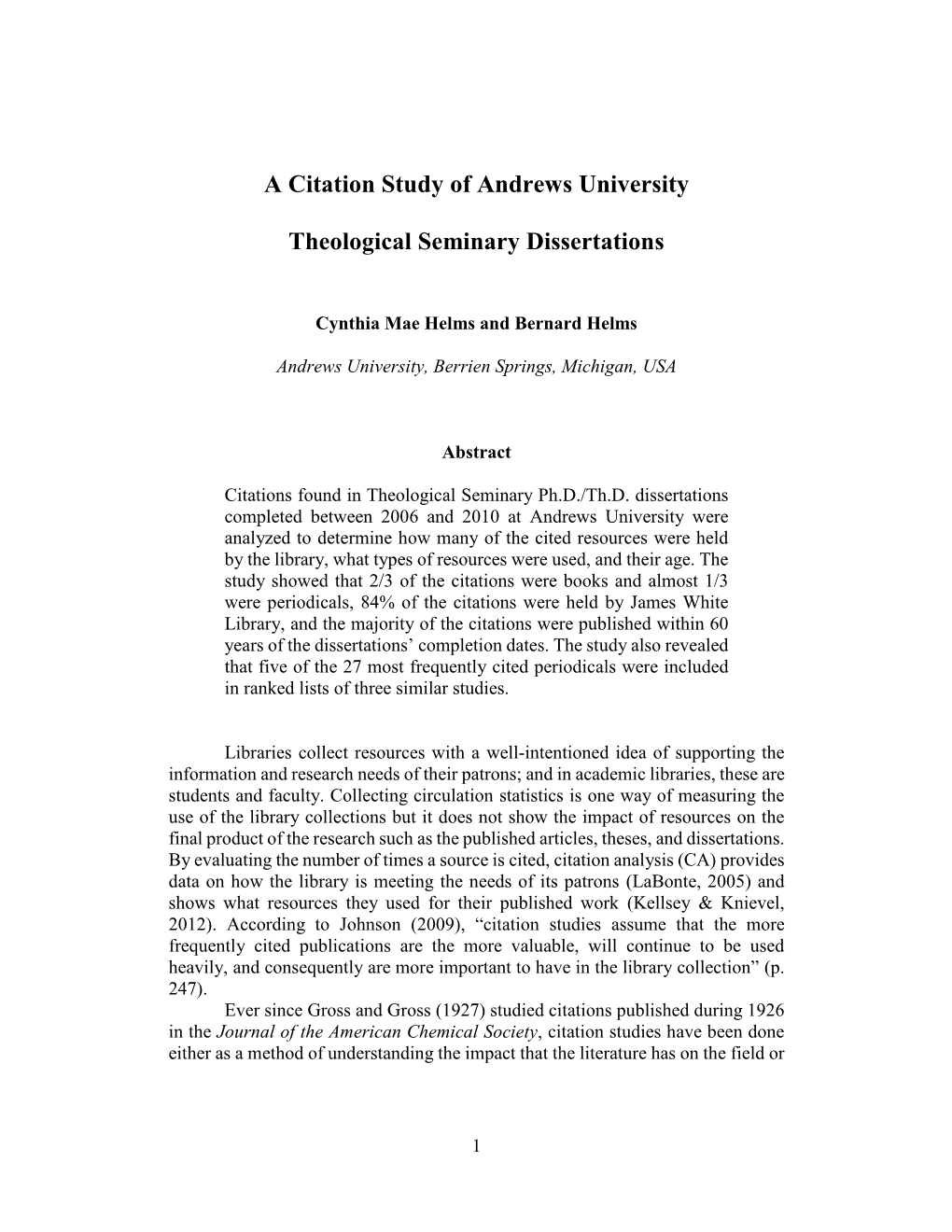 A Citation Study of Andrews University Theological Seminary Dissertations