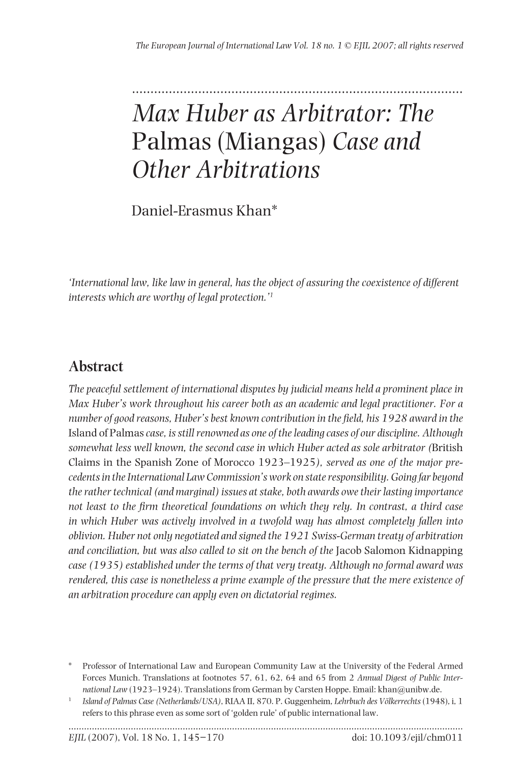 Max Huber As Arbitrator: the Palmas (Miangas) Case and Other Arbitrations