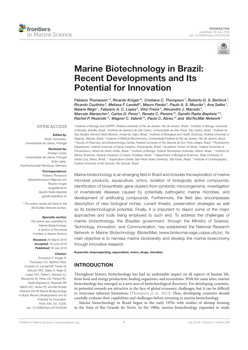 Marine Biotechnology in Brazil: Recent Developments and Its Potential for Innovation