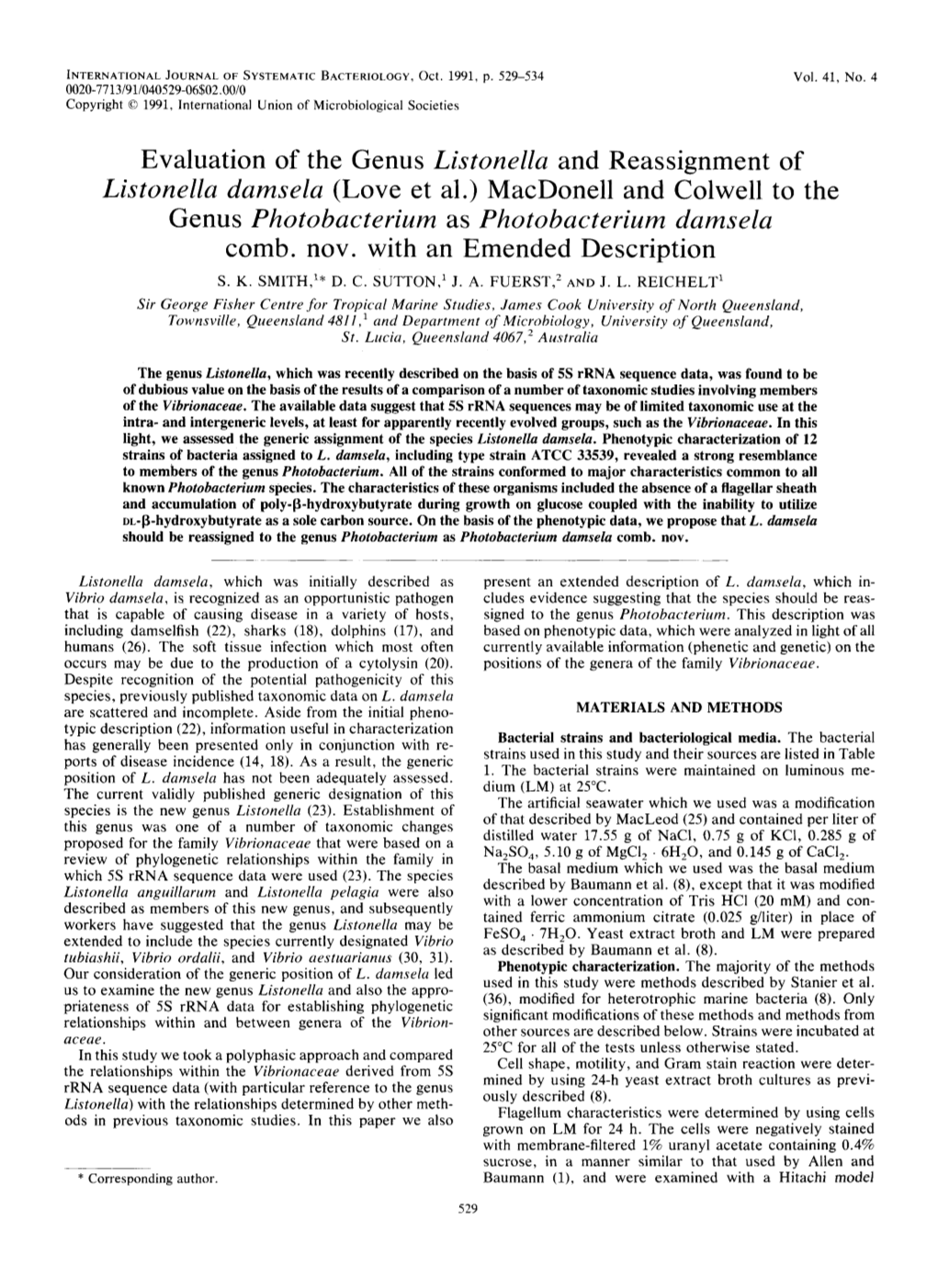 Evaluation of the Genus Listonella and Reassignment of Listonella Damsela (Love Et Al.) Macdonell and Colwell to the Genus Photo