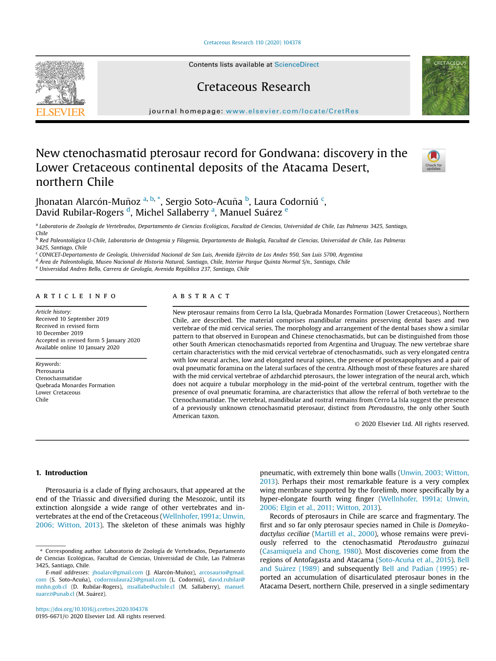 New Ctenochasmatid Pterosaur Record for Gondwana: Discovery in the Lower Cretaceous Continental Deposits of the Atacama Desert, Northern Chile