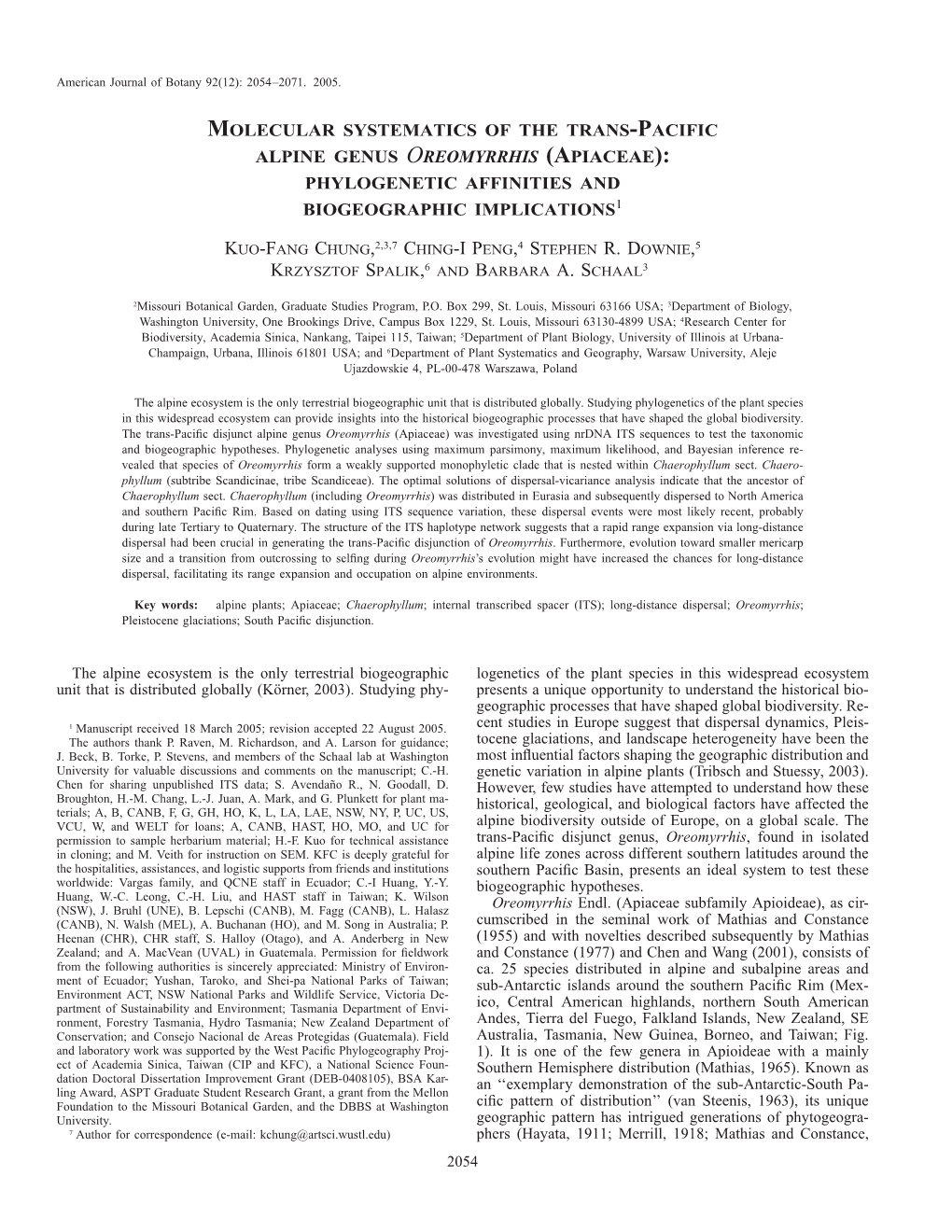 Molecular Systematics of the Trans-Pacific Alpine Genus Oreomyrrhis (Apiaceae): Phylogenetic Affinities and Biogeographic Implications1