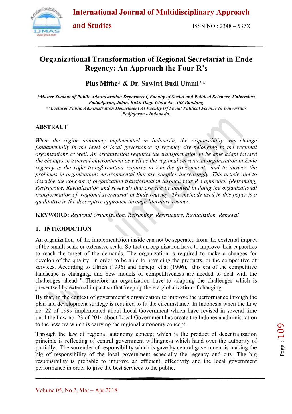 Organizational Transformation of Regional Secretariat in Ende Regency: an Approach the Four R’S