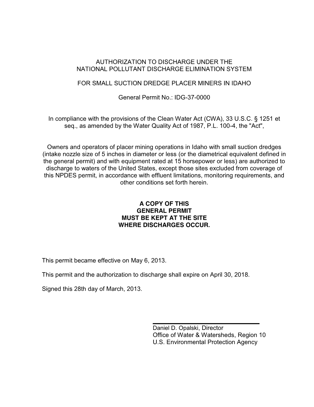 Authorization to Discharge Under the National Pollutant Discharge Elimination System