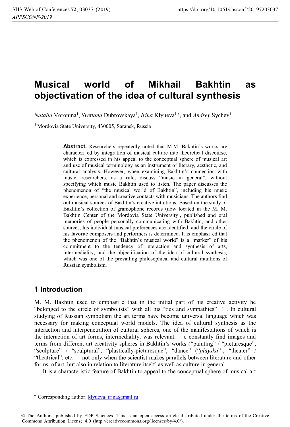 Musical World of Mikhail Bakhtin As Objectivation of the Idea of Cultural Synthesis