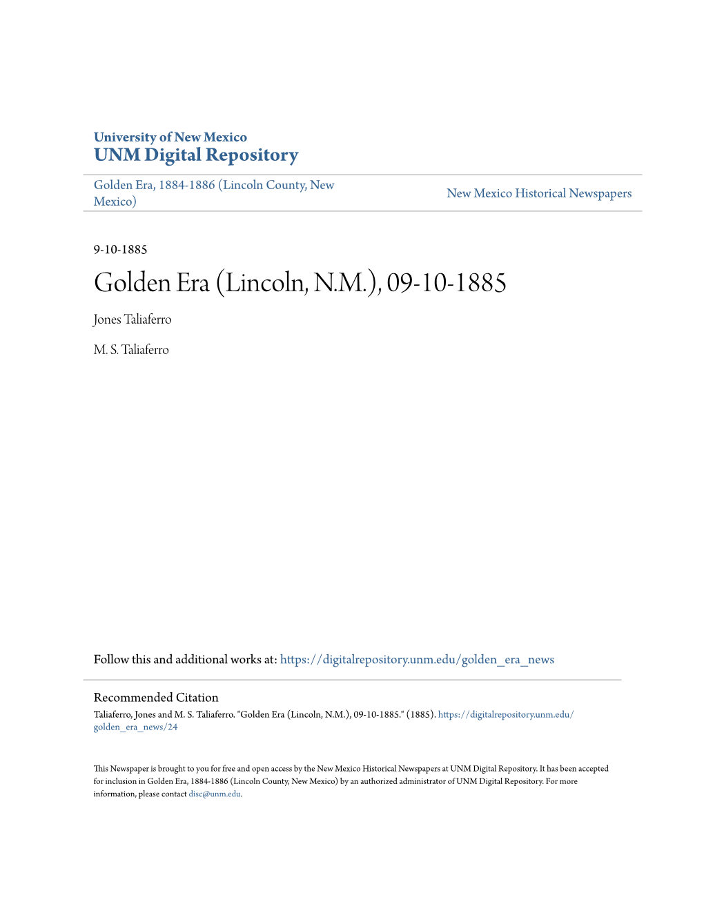 Golden Era (Lincoln, N.M.), 09-10-1885 Jones Taliaferro