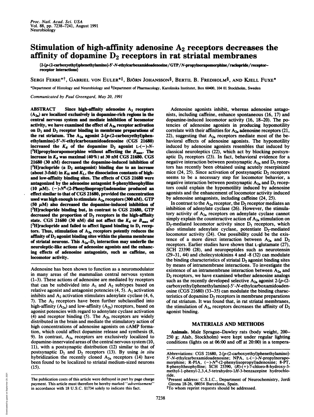 Stimulation of High-Affinity Adenosine A2 Receptors Decreases The