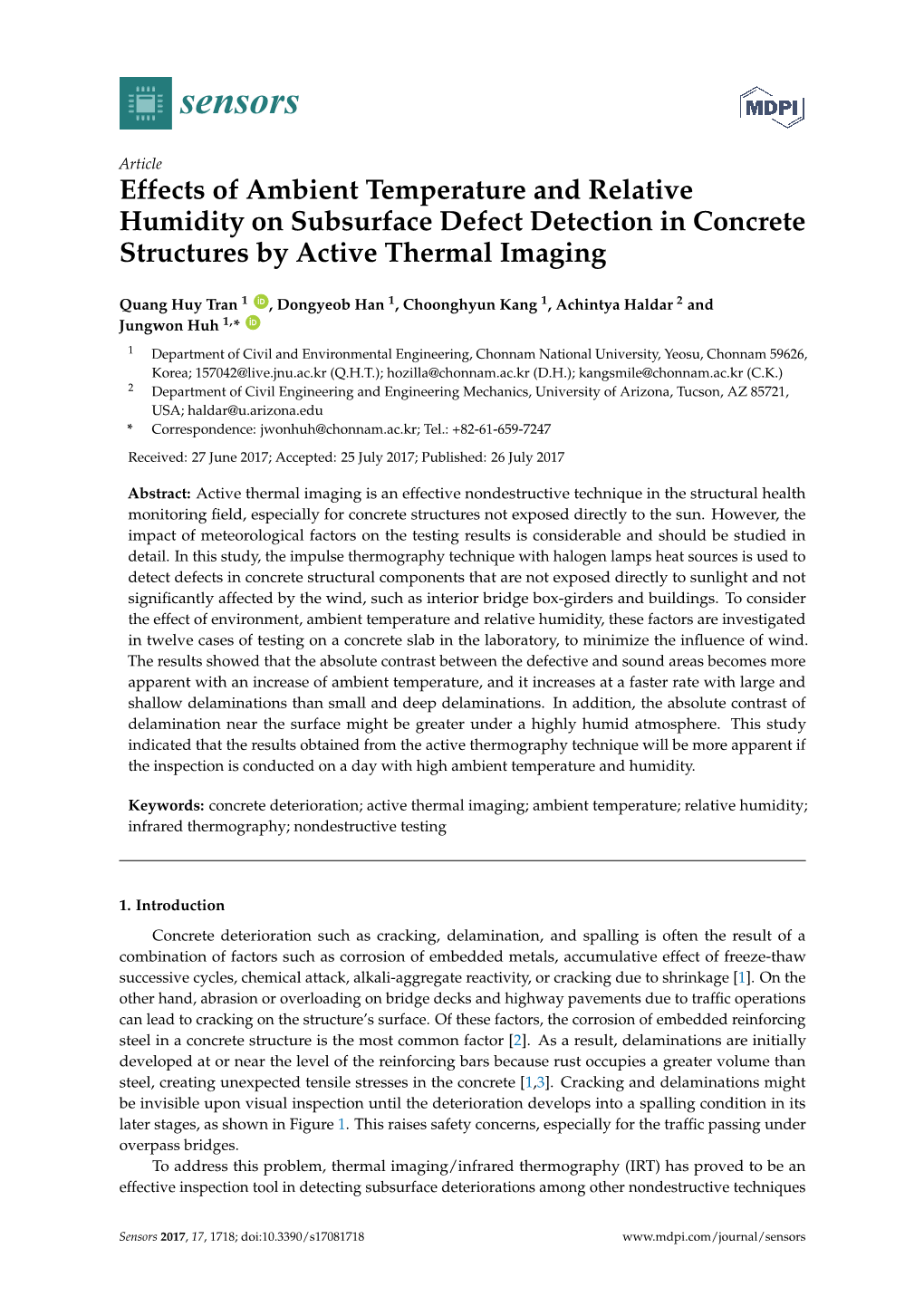 Effects of Ambient Temperature and Relative Humidity on Subsurface Defect Detection in Concrete Structures by Active Thermal Imaging