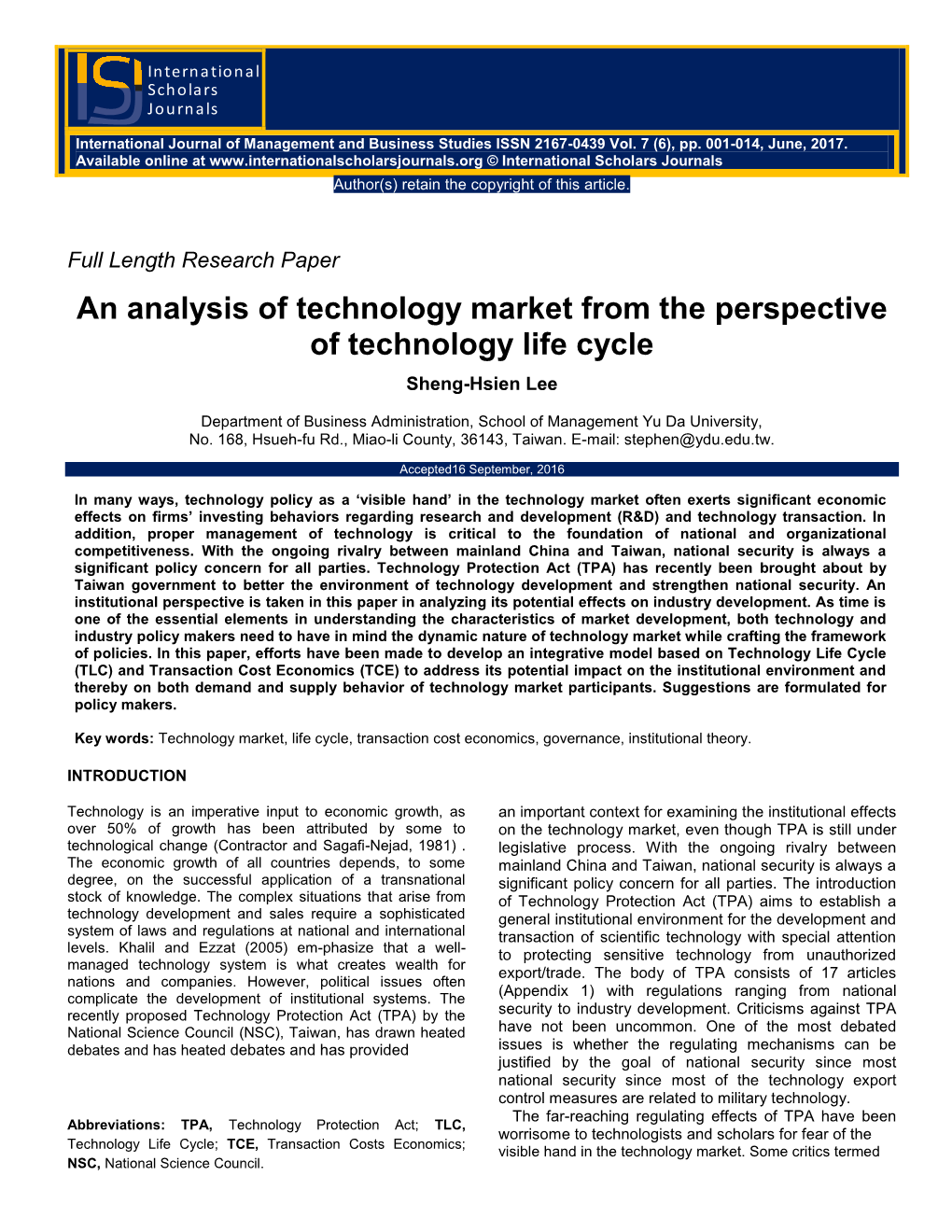 An Analysis of Technology Market from the Perspective of Technology Life Cycle