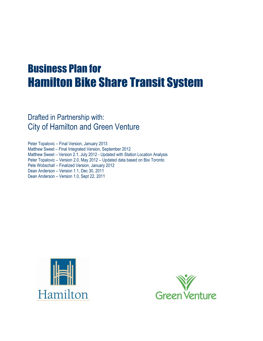 Business Plan for Hamilton Bike Share Transit System