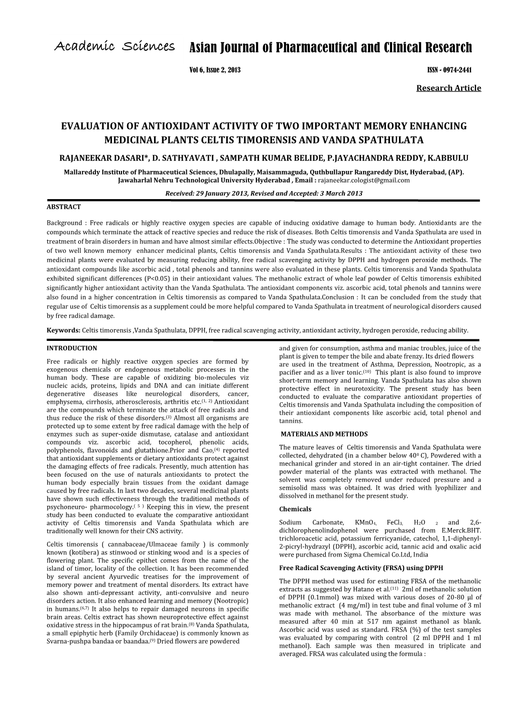 EVALUATION of ANTIOXIDANT ACTIVITY of TWO IMPORTANT MEMORY ENHANCING Vol