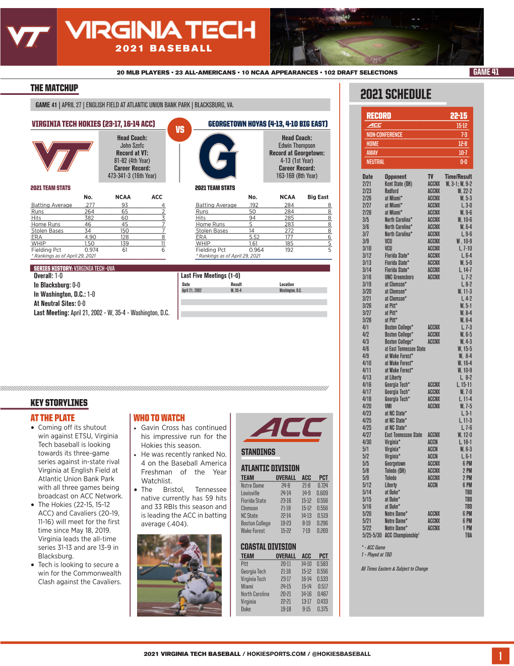 2021 Schedule Game 41 | April 27 | English Field at Atlantic Union Bank Park | Blacksburg, Va