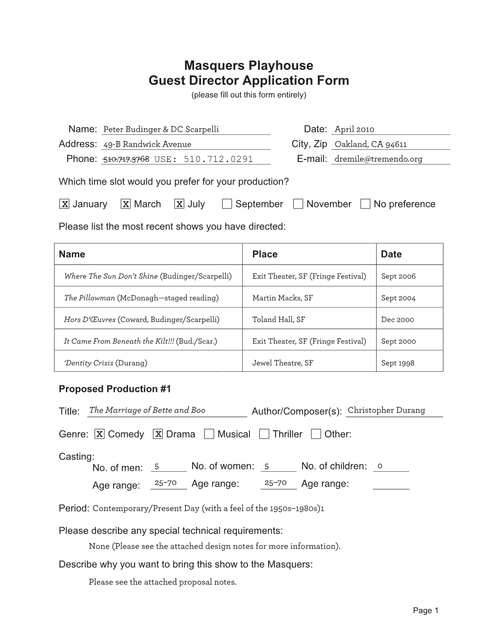 Masquers Playhouse Guest Director Application Form (Please Fill out This Form Entirely)