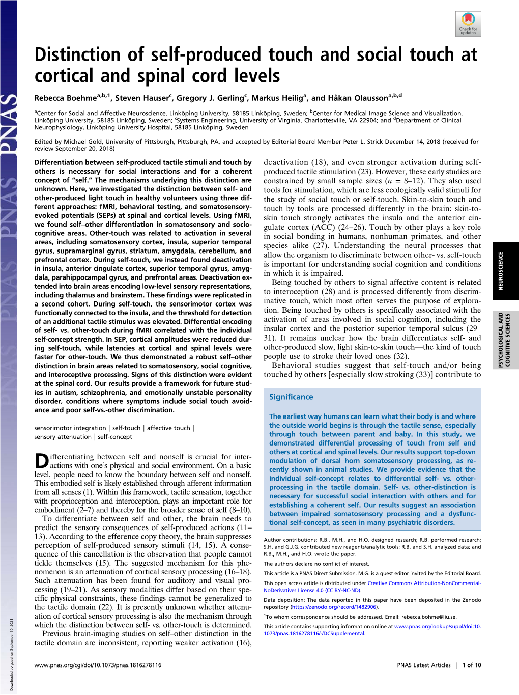 Distinction of Self-Produced Touch and Social Touch at Cortical and Spinal Cord Levels