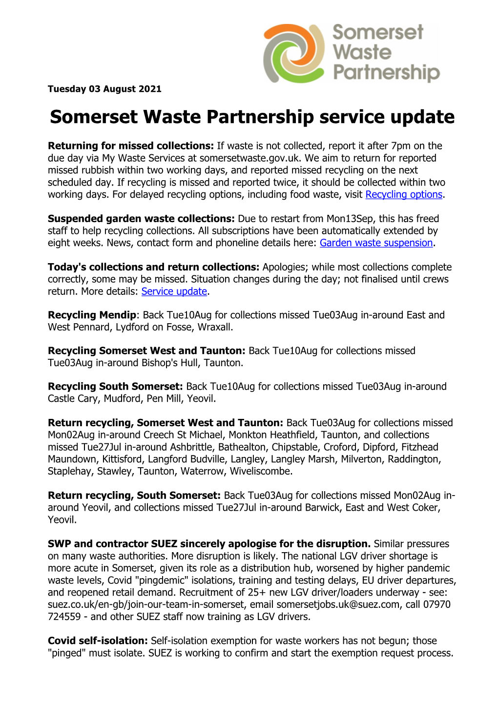 Somerset Waste Partnership Service Update