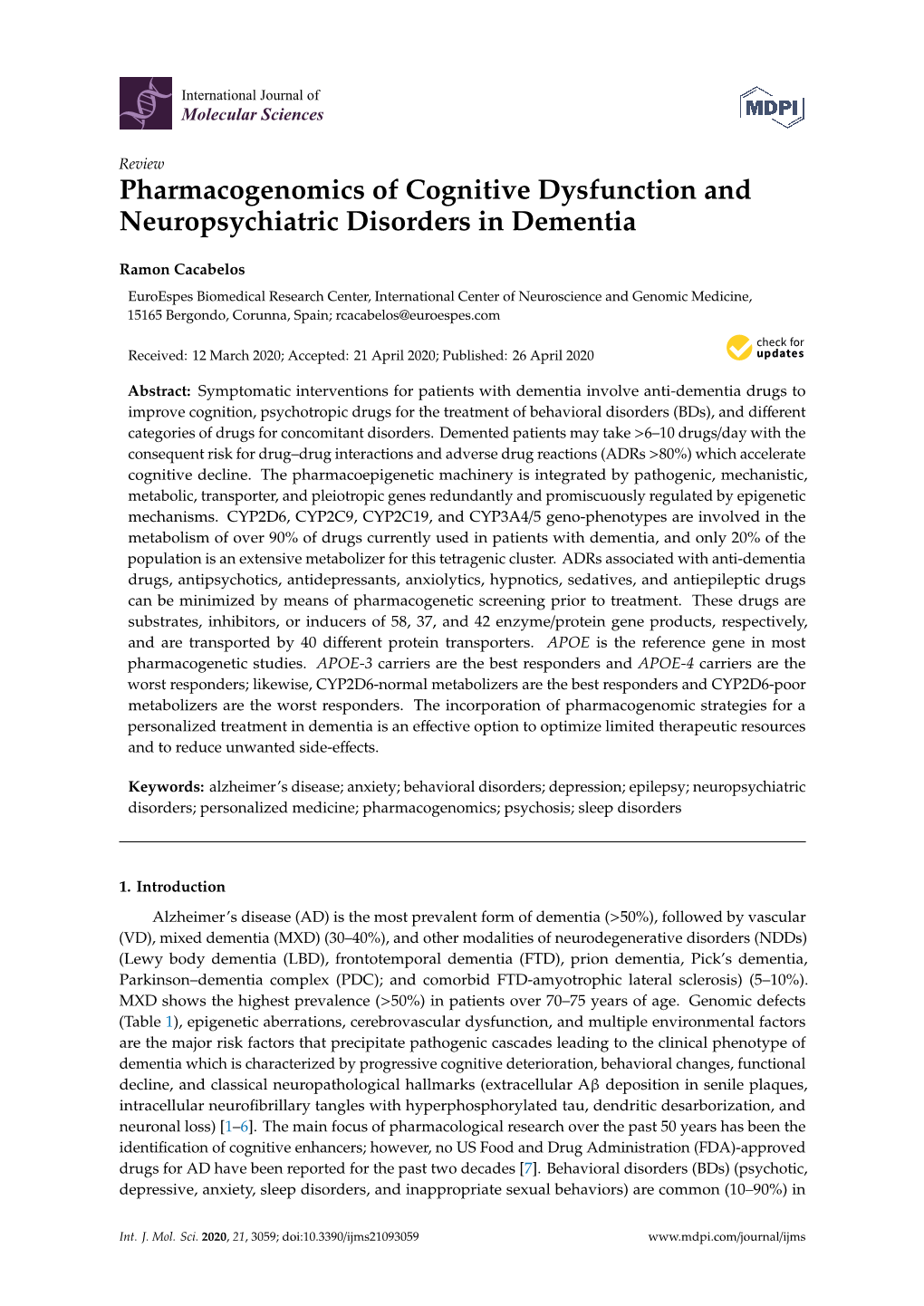 Pharmacogenomics of Cognitive Dysfunction and Neuropsychiatric Disorders in Dementia
