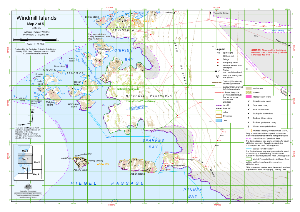 Windmill Islands ! 37 CACHES CASEY " A-01 ASPA 135 A-07 ! 340 ! ! ! Map 2 of 5 A-02 A-06! ! D-01 C-01 ! CASSKI 8