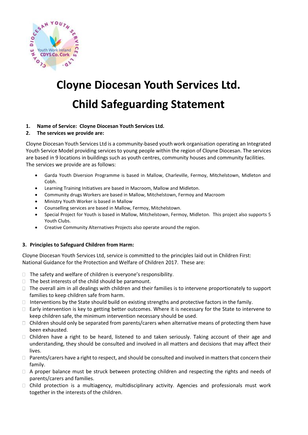Cloyne Diocesan Youth Services Ltd. Child Safeguarding Statement