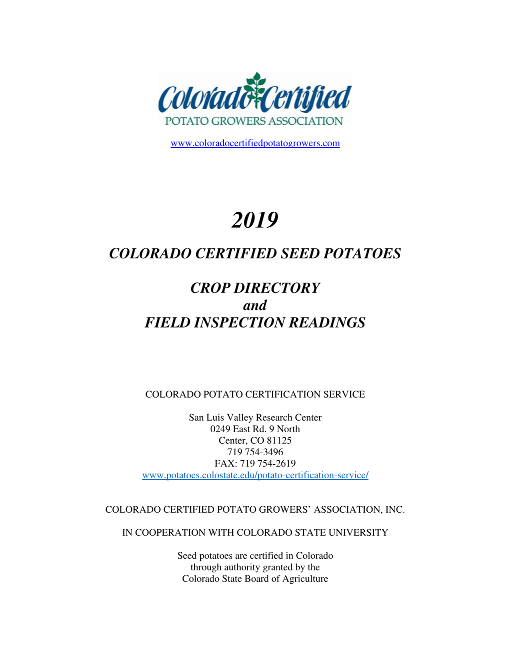 COLORADO CERTIFIED SEED POTATOES CROP DIRECTORY and FIELD INSPECTION READINGS