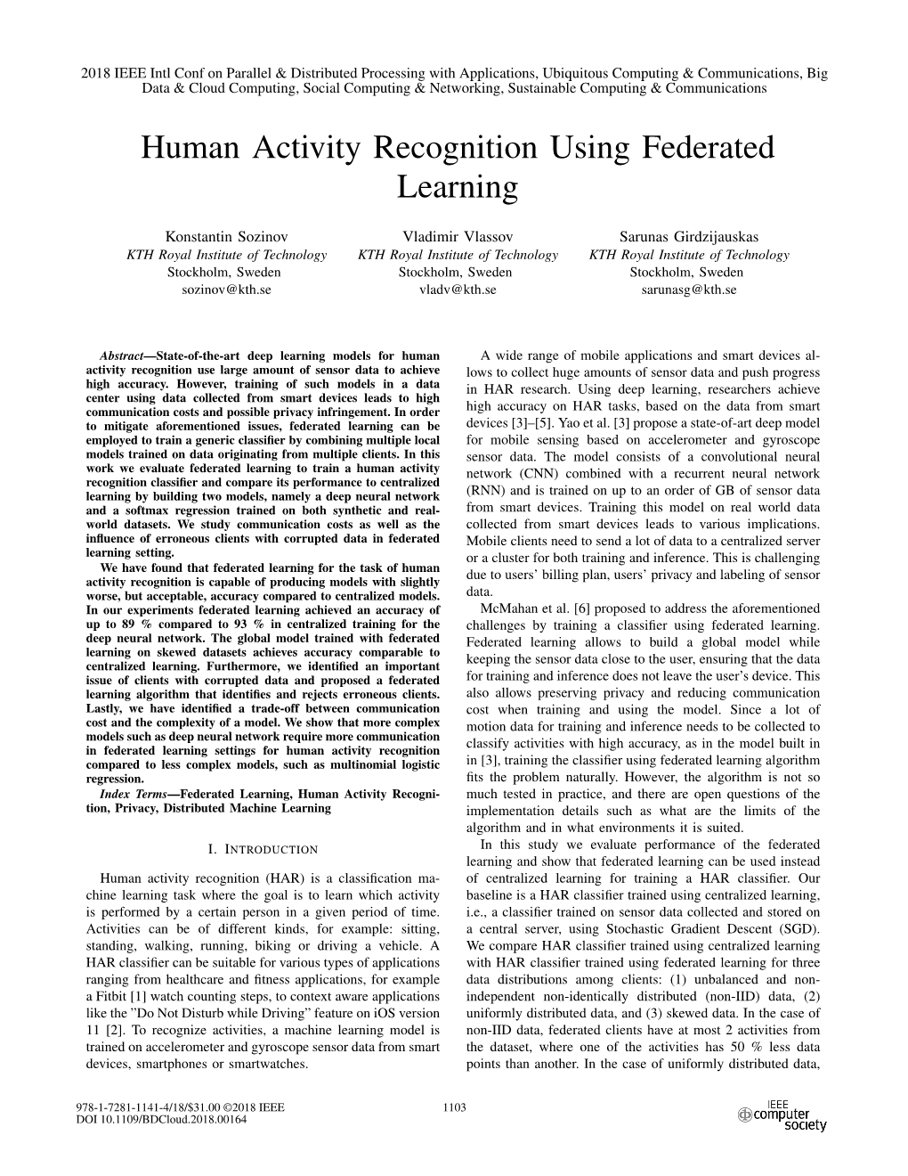 Human Activity Recognition Using Federated Learning