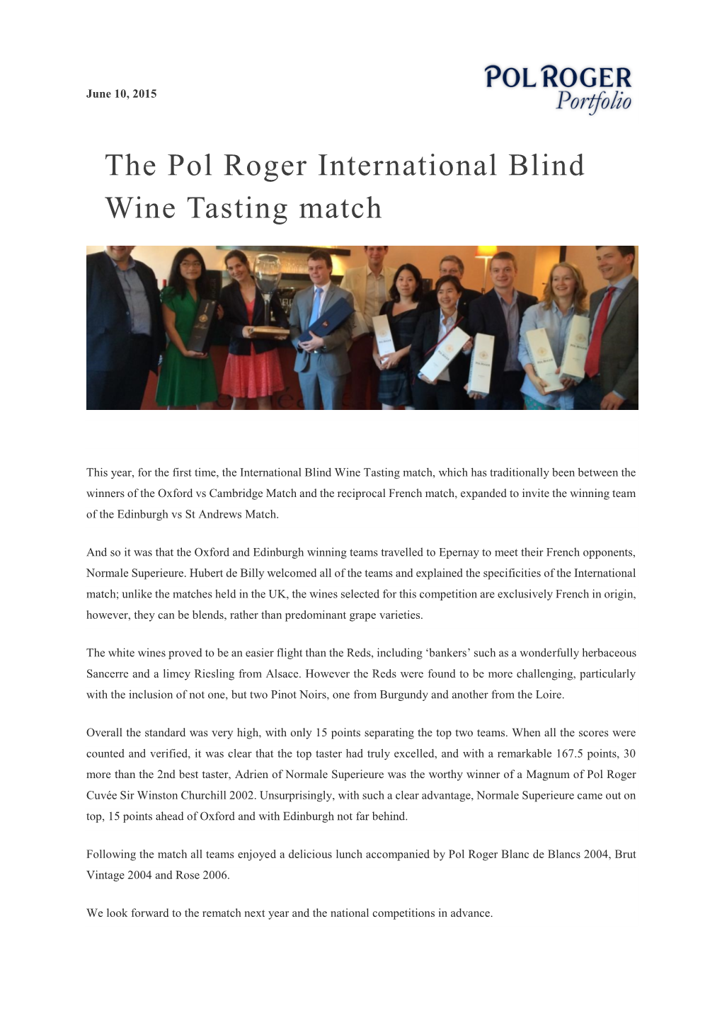 The Pol Roger International Blind Wine Tasting Match