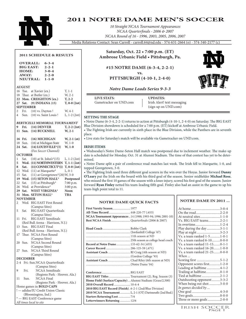 2011 Notre Dame Men's Soccer Notre Dame Combined Team Statistics (As of Oct 15, 2011) All Games