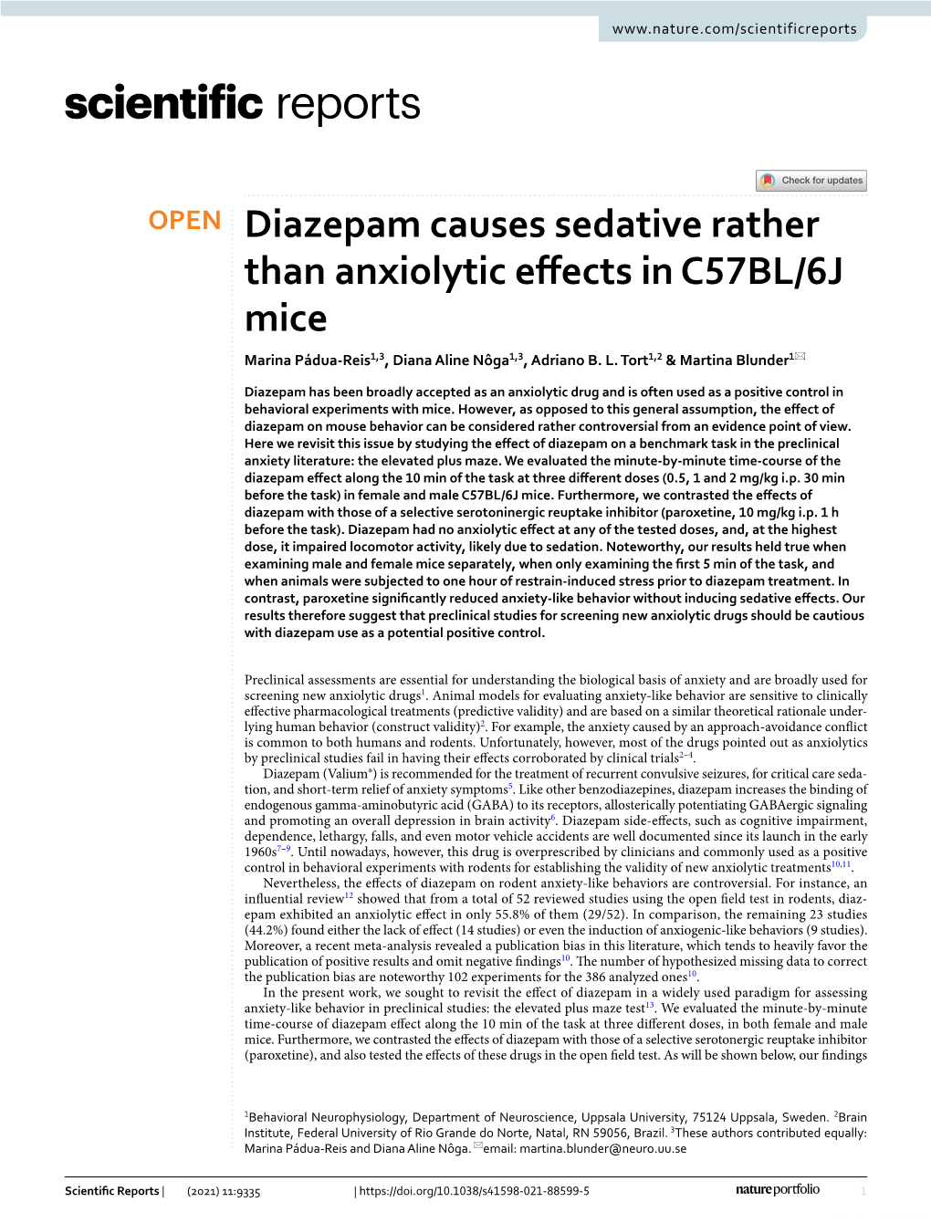 Diazepam Causes Sedative Rather Than Anxiolytic Effects in C57BL/6J Mice