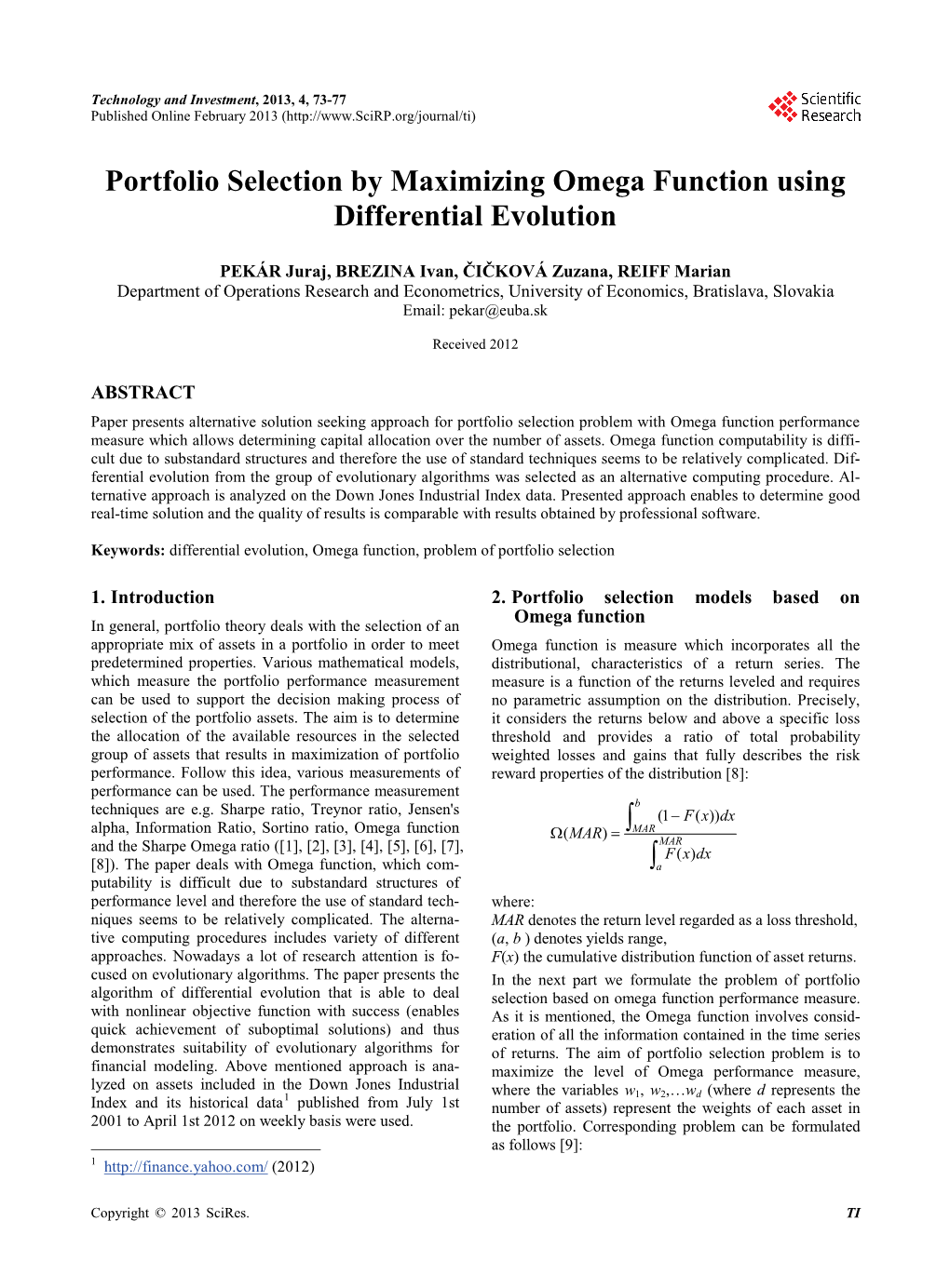 Portfolio Selection by Maximizing Omega Function Using Differential Evolution