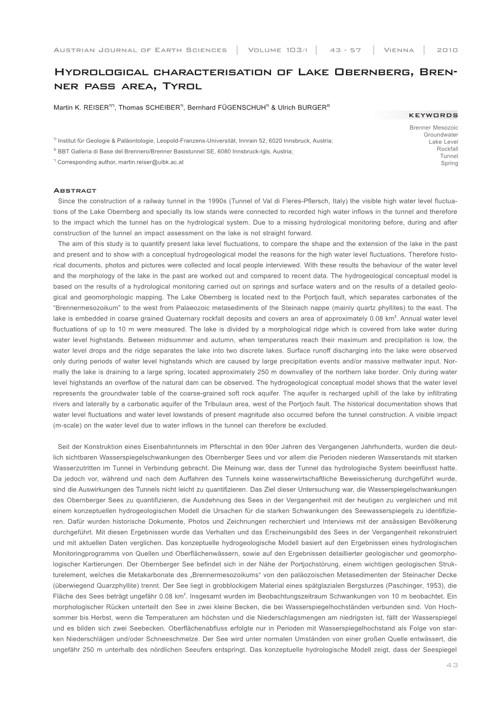 Hydrological Characterisation of Lake Obernberg, Bren- Ner Pass Area, Tyrol______