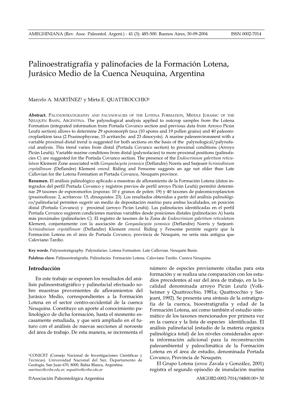 Palinoestratigrafía Y Palinofacies De La Formación Lotena, Jurásico Medio De La Cuenca Neuquina, Argentina