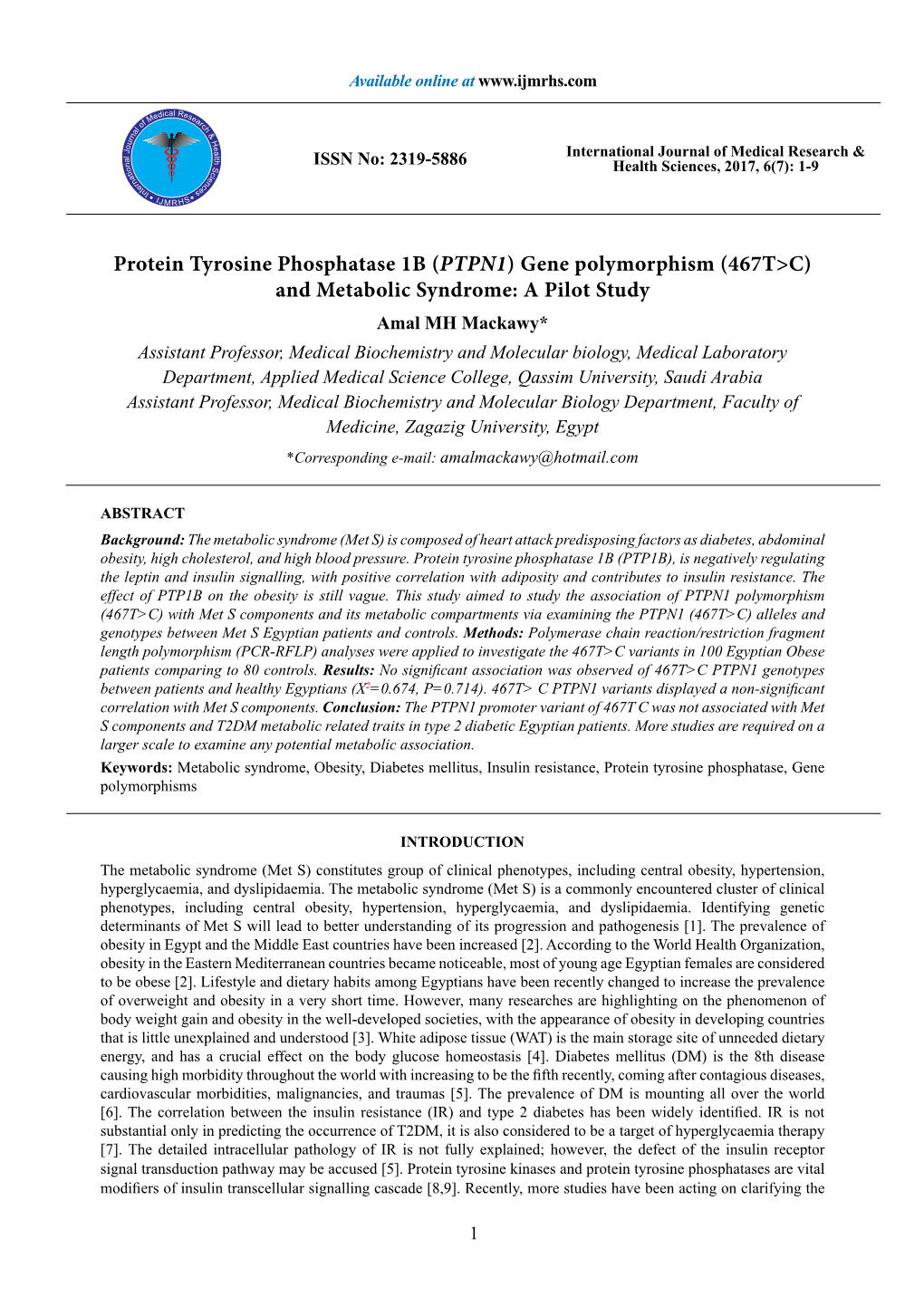 Protein Tyrosine Phosphatase 1B (PTPN1) Gene Polymorphism (467T
