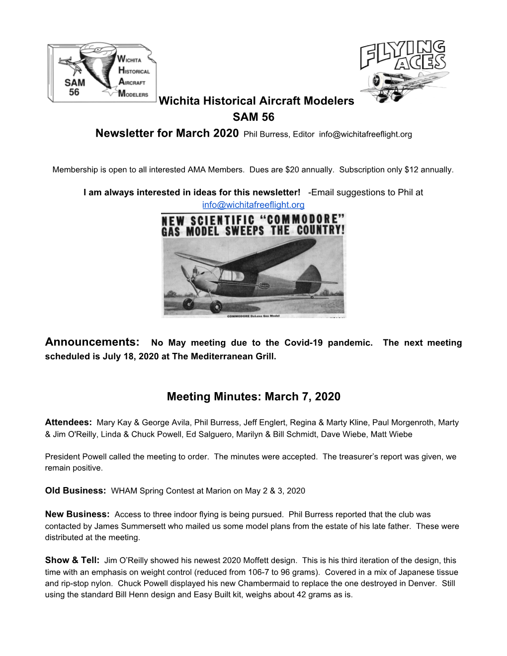 Wichita Historical Aircraft Modelers SAM 56 Meeting Minutes: March 7