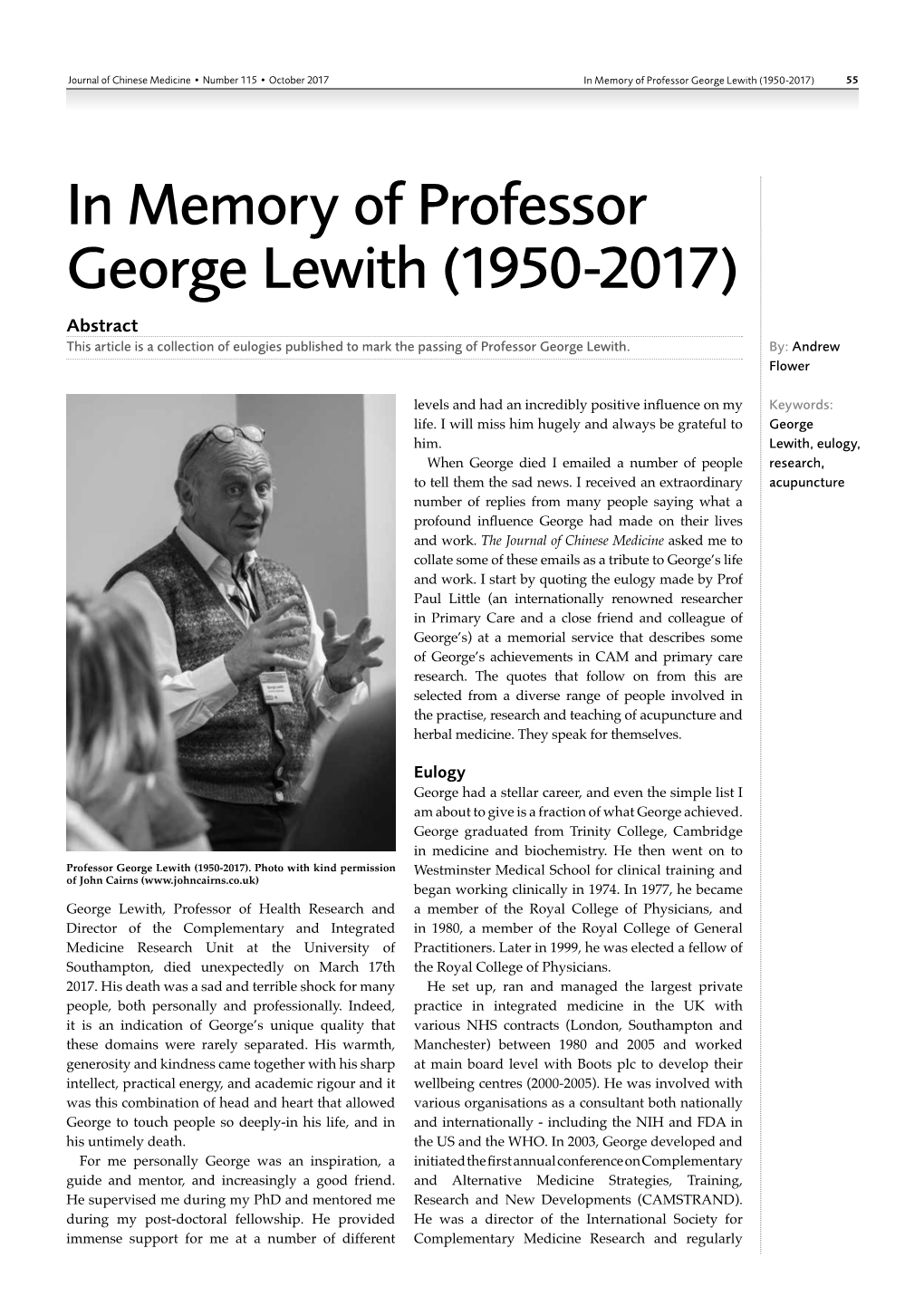 In Memory of Professor George Lewith (1950-2017) 55