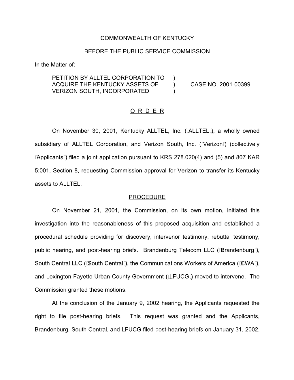 Petition by Alltel Corporation to ) Acquire the Kentucky Assets of ) Case No
