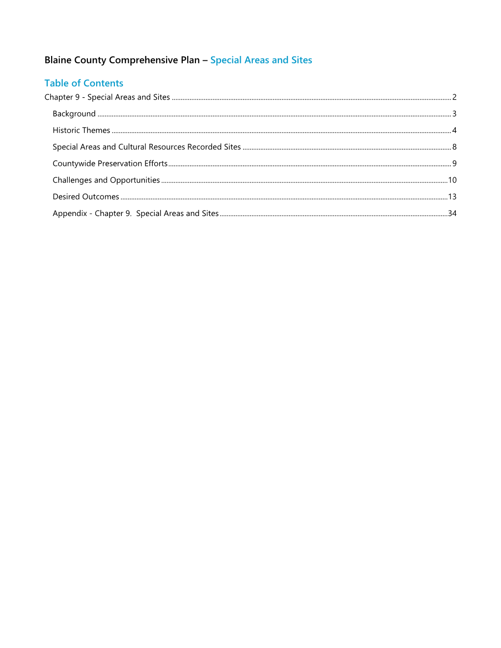 Blaine County Comprehensive Plan – Special Areas and Sites Table Of