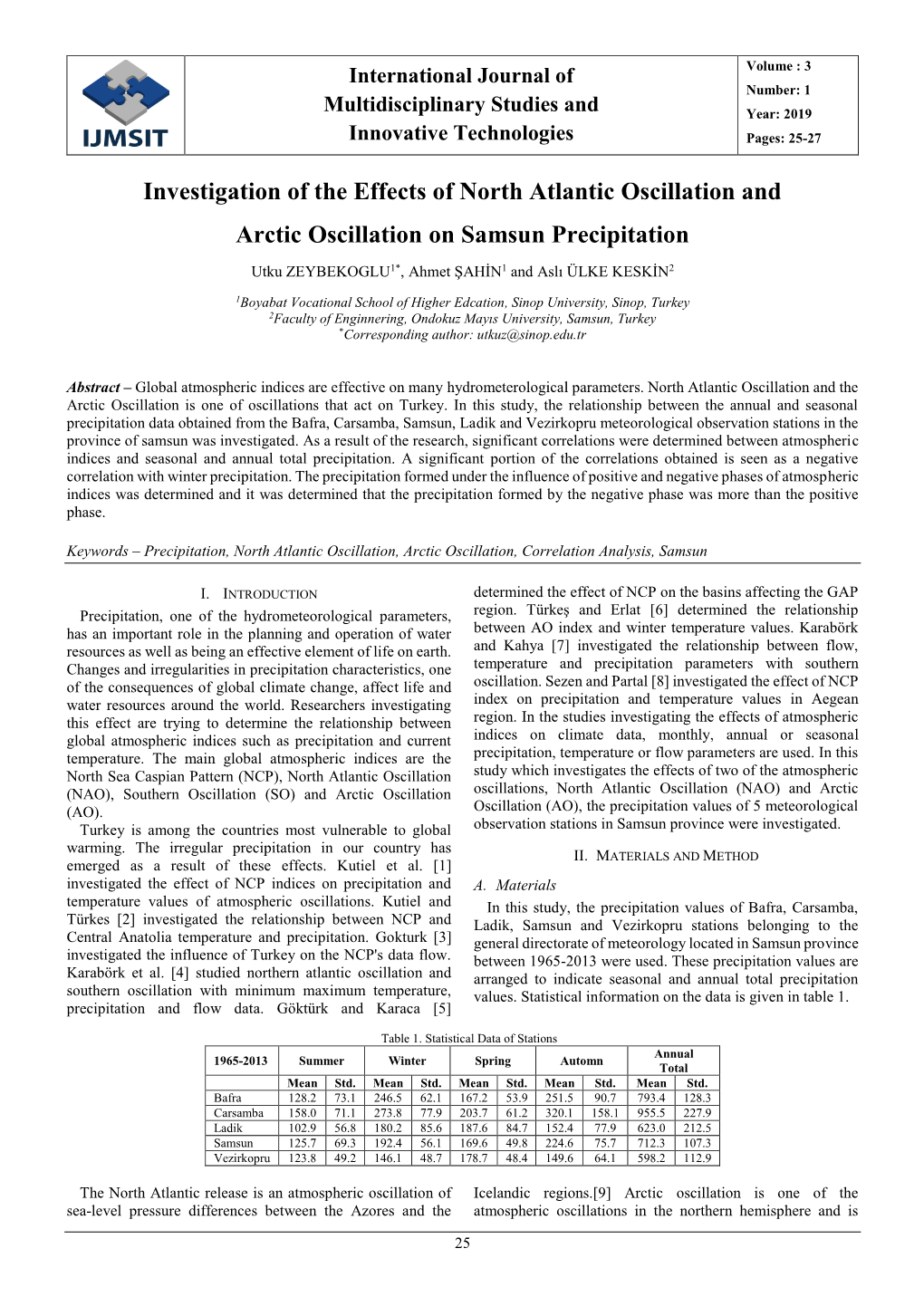 Investigation of the Effects of North Atlantic Oscillation and Arctic Oscillation on Samsun Precipitation