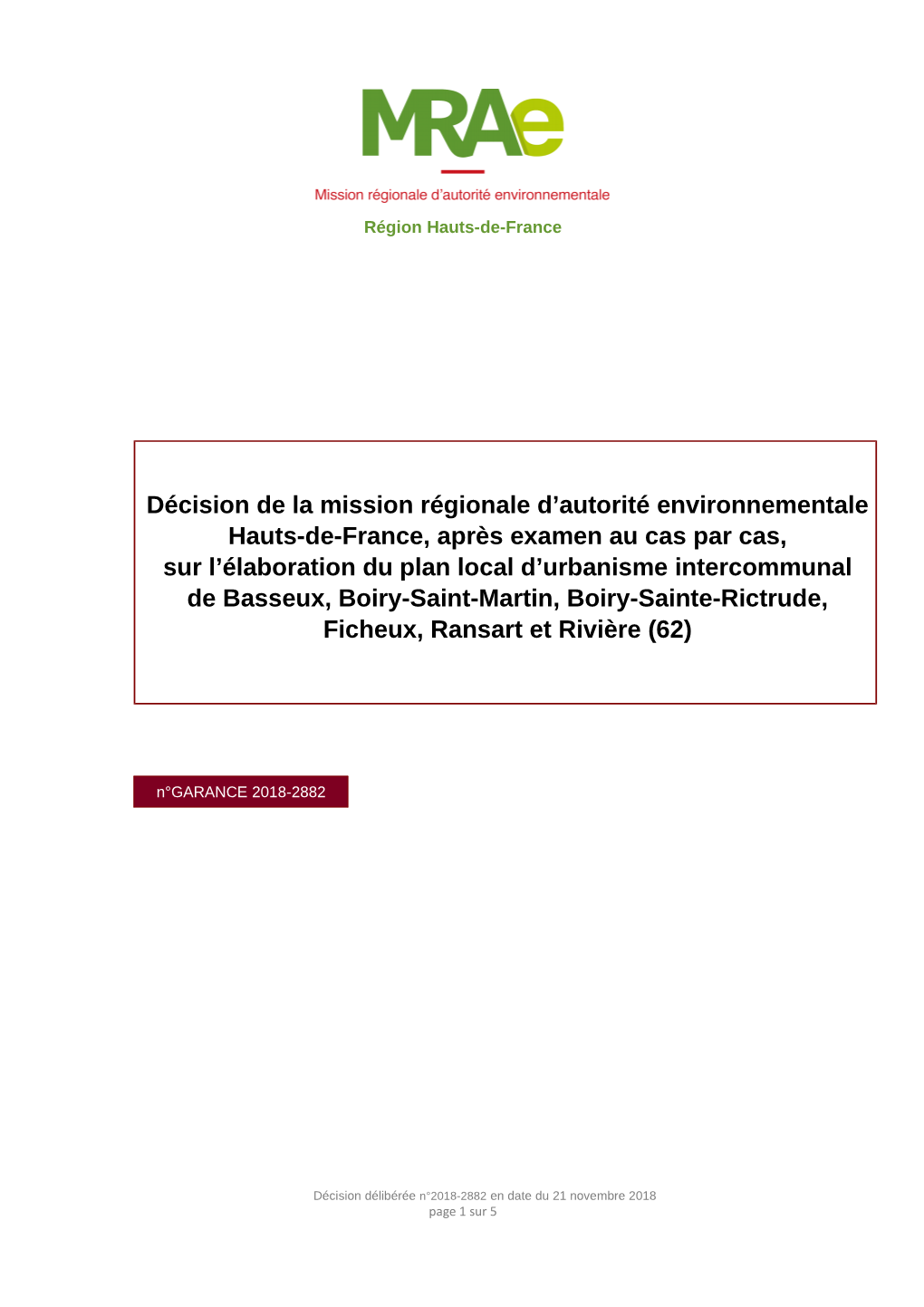 Décision De La Mission Régionale D'autorité Environnementale Hauts-De-France, Après Examen Au Cas Par Cas, Sur L'élabor