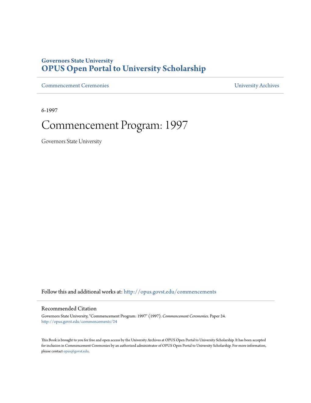 Commencement Program: 1997 Governors State University